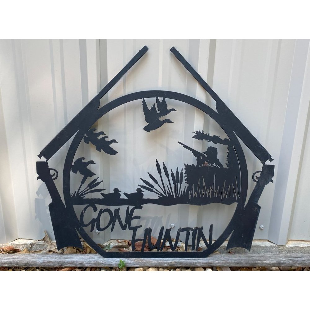 Vintage "Gone Huntin"  Metal Silhouette Sign Rifle Ducks Hunter Duck Hunting 26"